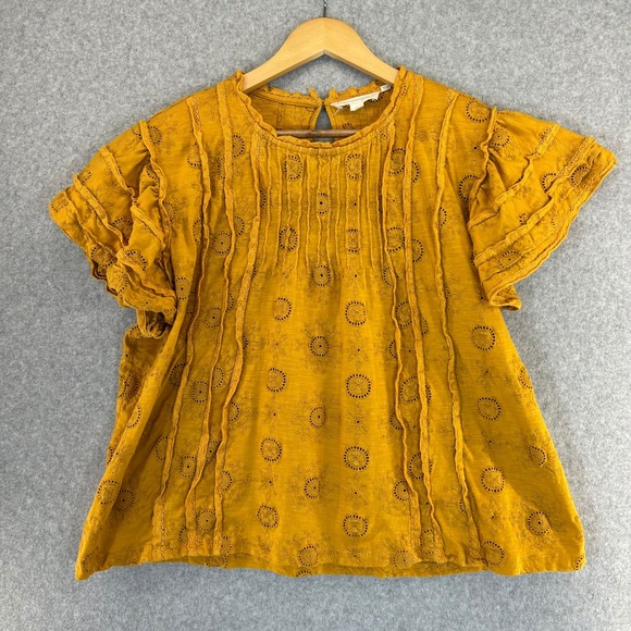 Forever That Girl Mustard Yellow Eyelet Ruffle Sleeve Top Women Size Large - Picture 1 of 13